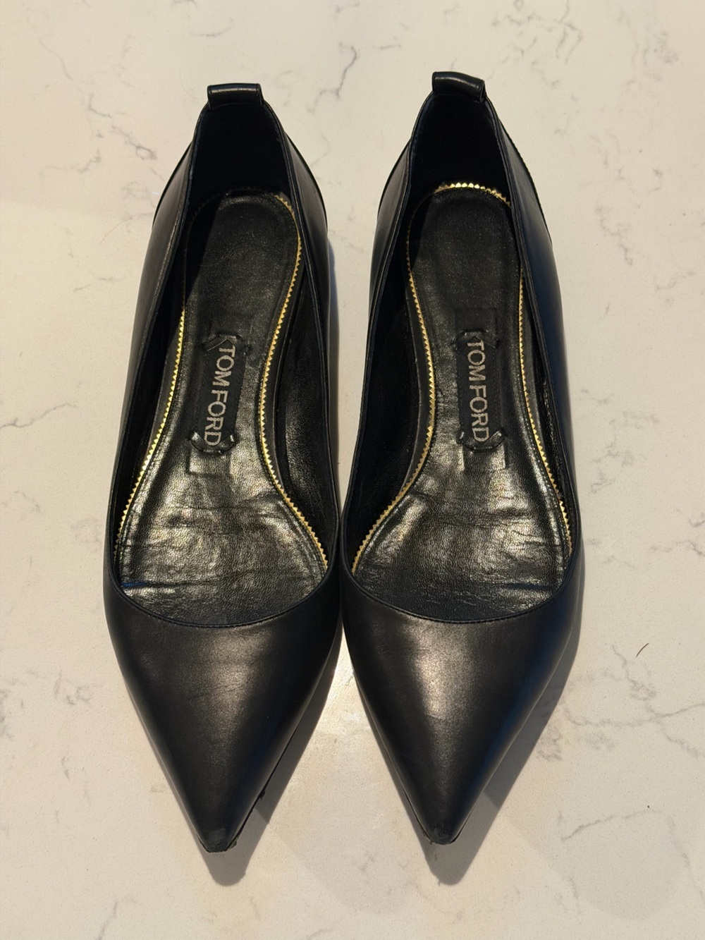 Tom Ford Black Leather Pointed Ballet Flats with Gold Trim